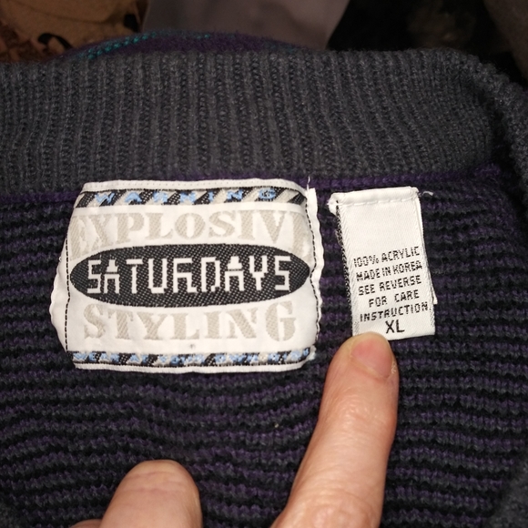 Vintage 1992 Purple Gray & Turquoise 3D Textured Aztec Patterned Grandpa Sweater - Picture 5 of 7